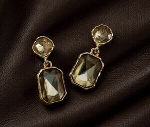 Art Deco Gold Earrings Smoky Hammered Crystal Clear Molten Stud VTG Faceted Boho